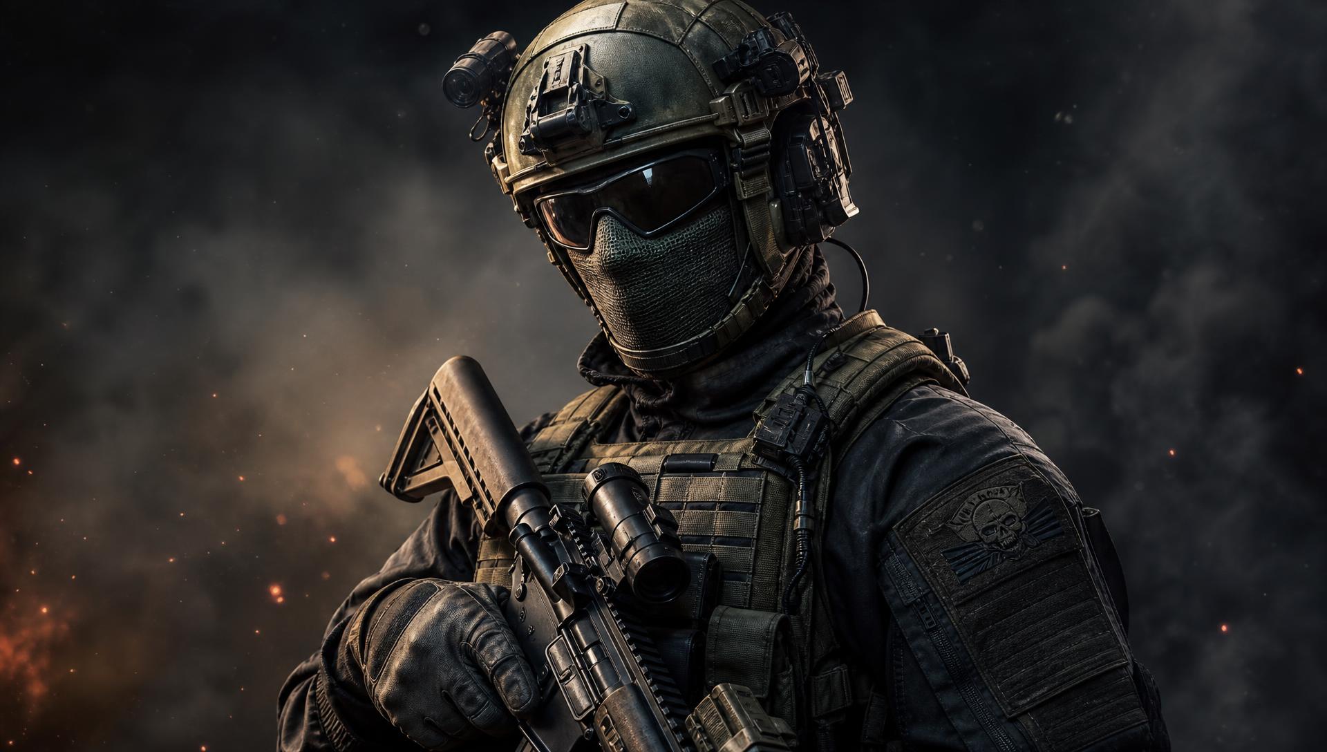 Tactical operator in full airsoft gear with helmet, glasses, and M4 rifle