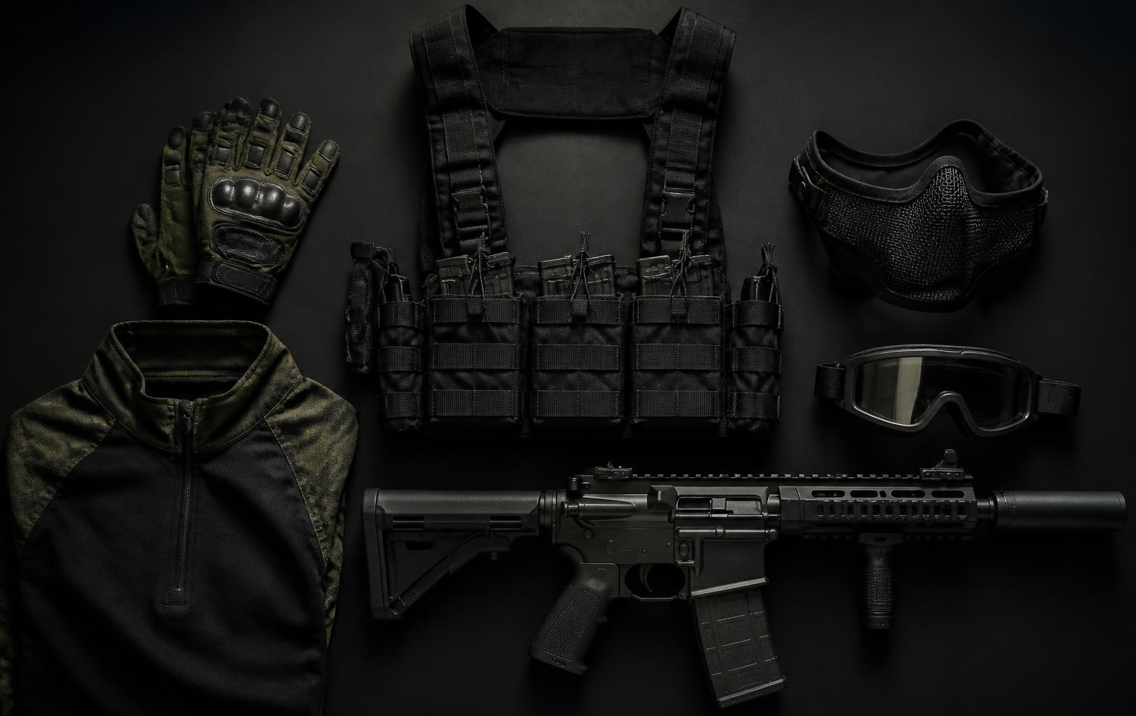 Airsoft loadout flat lay with chest rig, gloves, combat shirt, mesh mask, goggles and rifle